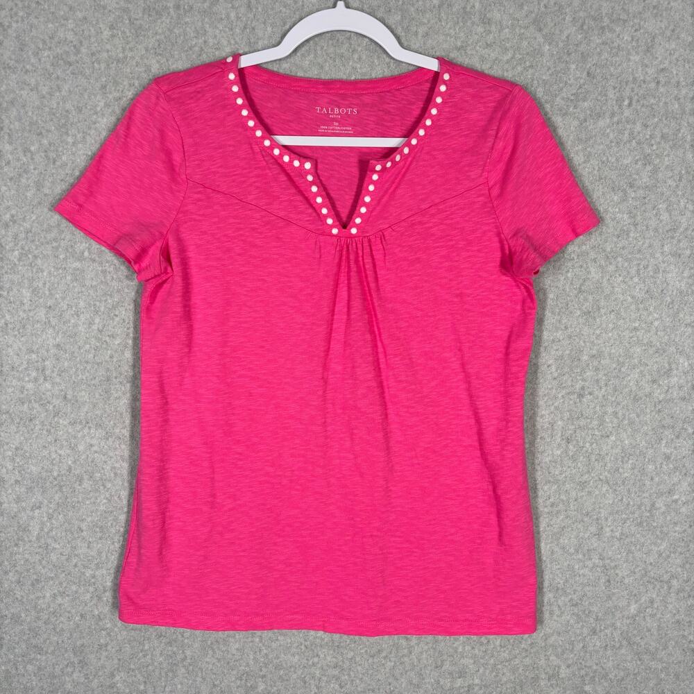 Talbots Shirt SP Pink‎ Polka Dot Trim Cotton Basic Classic Casual Spring Summer